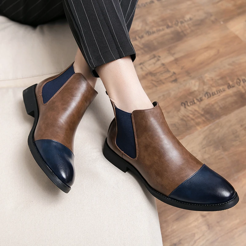 

Fashionable Color Blocked Chelsea Boots Men European American Fashion Signature Brown and Blue Boots Brand High Top Casual Boots