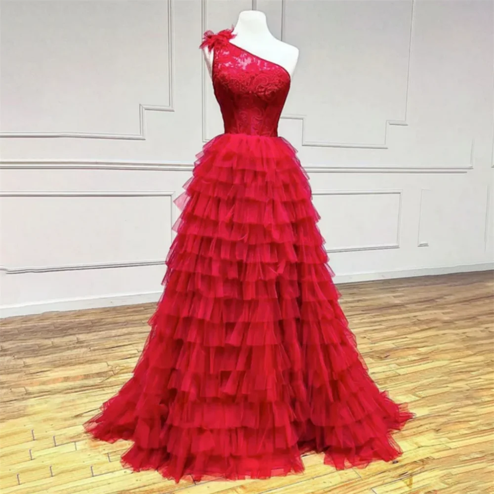 

Lily Red One Shoulder Evening Dresses Appliques Lace Charming Prom Dress Layer Pleat Party Dresses Custom vestidos de noche