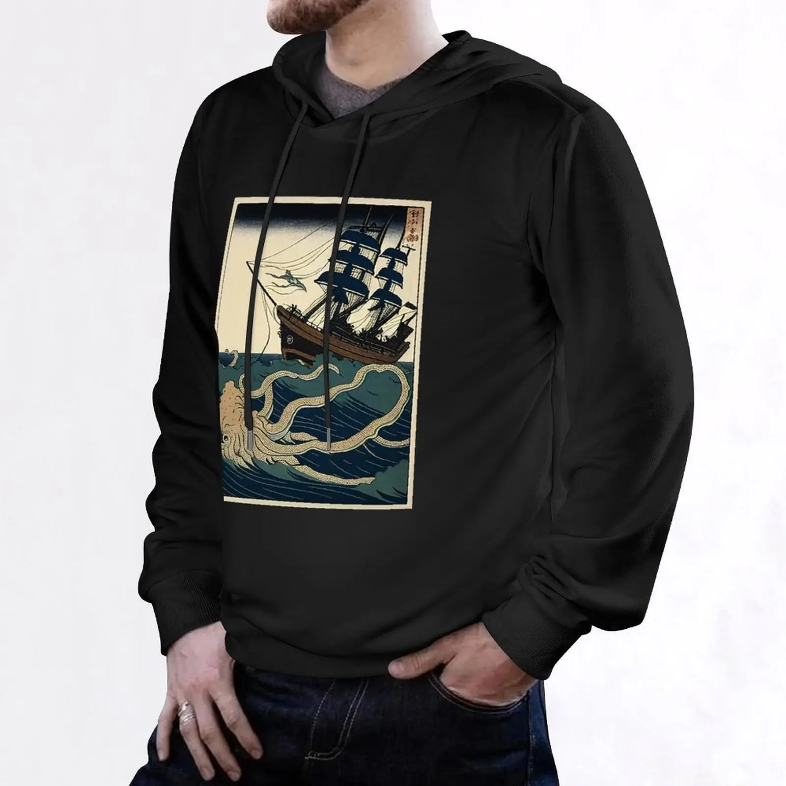 Squid Attacking A Ship Japanese Woodblock Print Hoodie korean style clothes men's sweat-shirt anime clothing graphic hoodie
