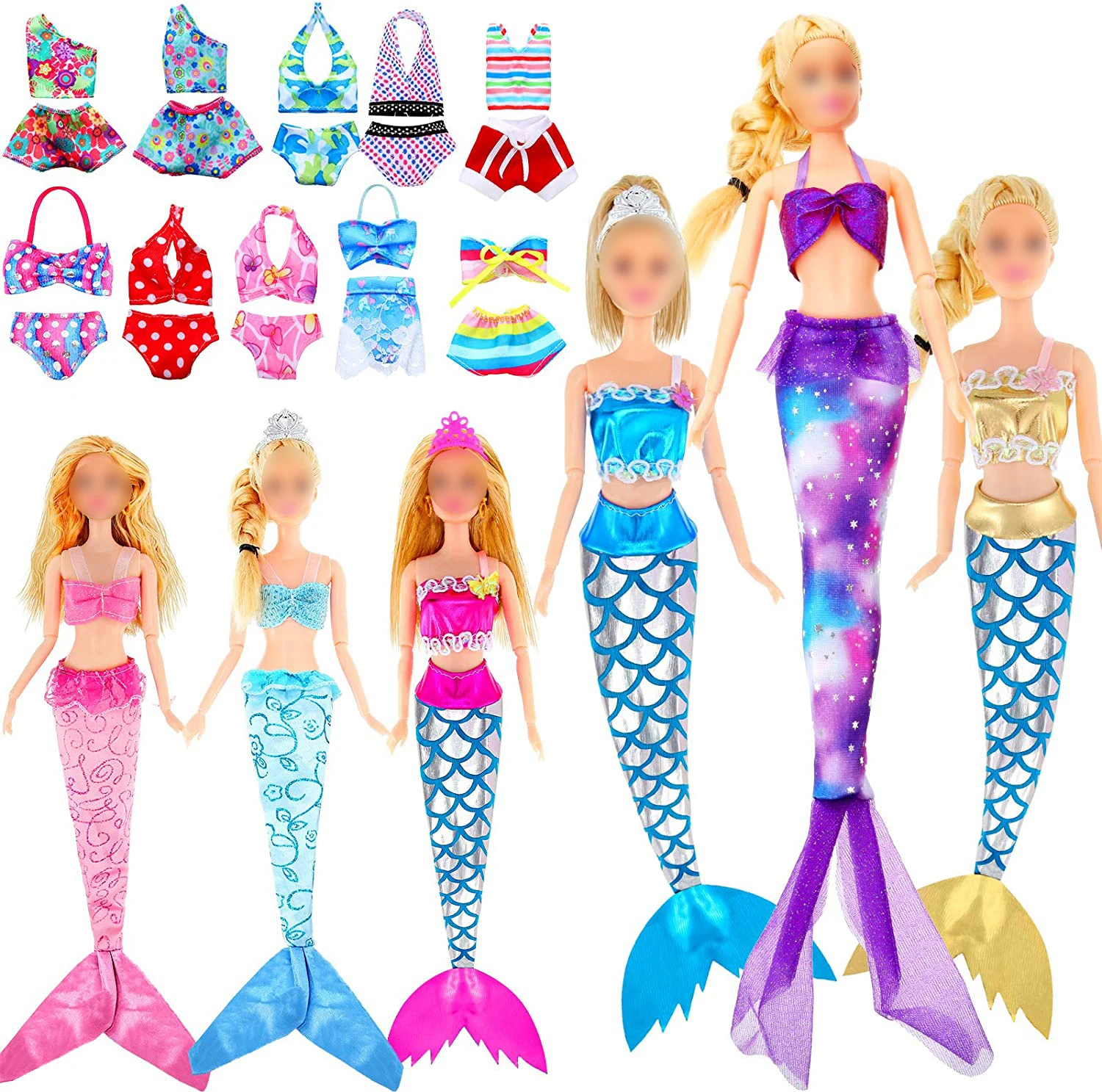 4 Sets Doll Clothes= Random 2 Mermaid Tail Dresses + Random 2 Swimsuits and Bikini Clothes Mermaid Doll Swimwear Beach Clothes