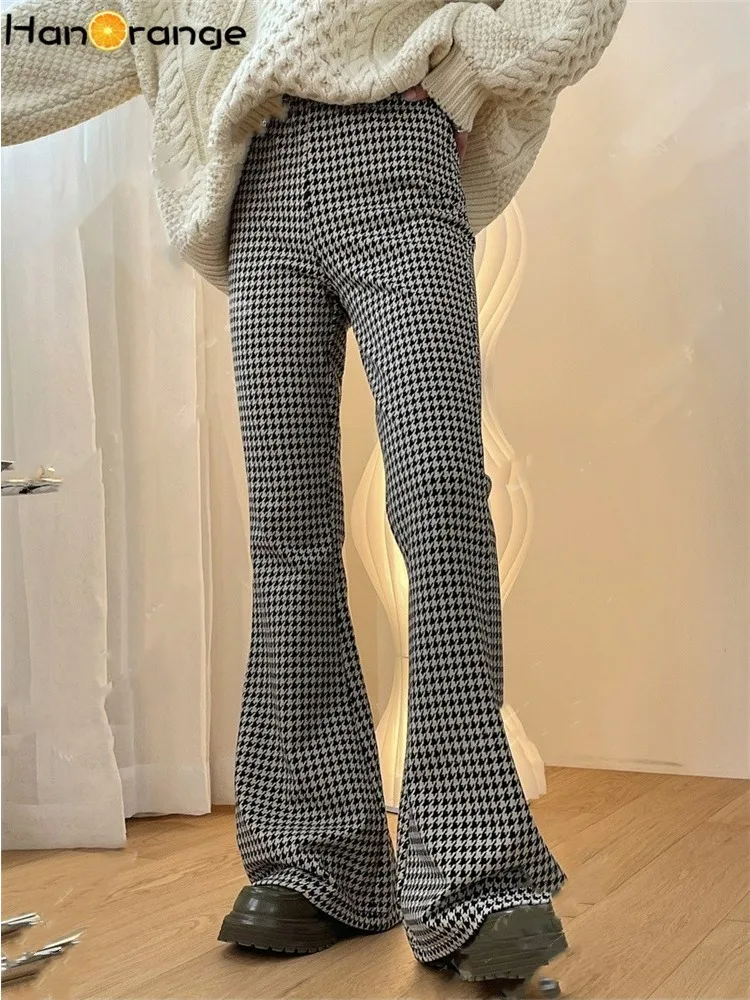 

HanOrange 2024 Autumn Winter Modern Retro Plaid Micro Flared Pants Women High Waisted Slimming Elastic Houndstooth Trousers