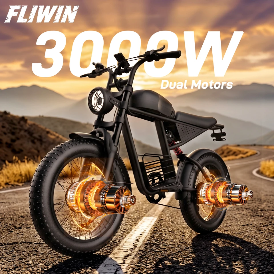 FLIWIN 3000W Dual Motors Electric Bike, 48V 35Ah Battery, 20" Fat Tire Ebike, 7-Speed with Dual Suspension, UL 2849, US Warehouse, 1 Year Warranty image 2