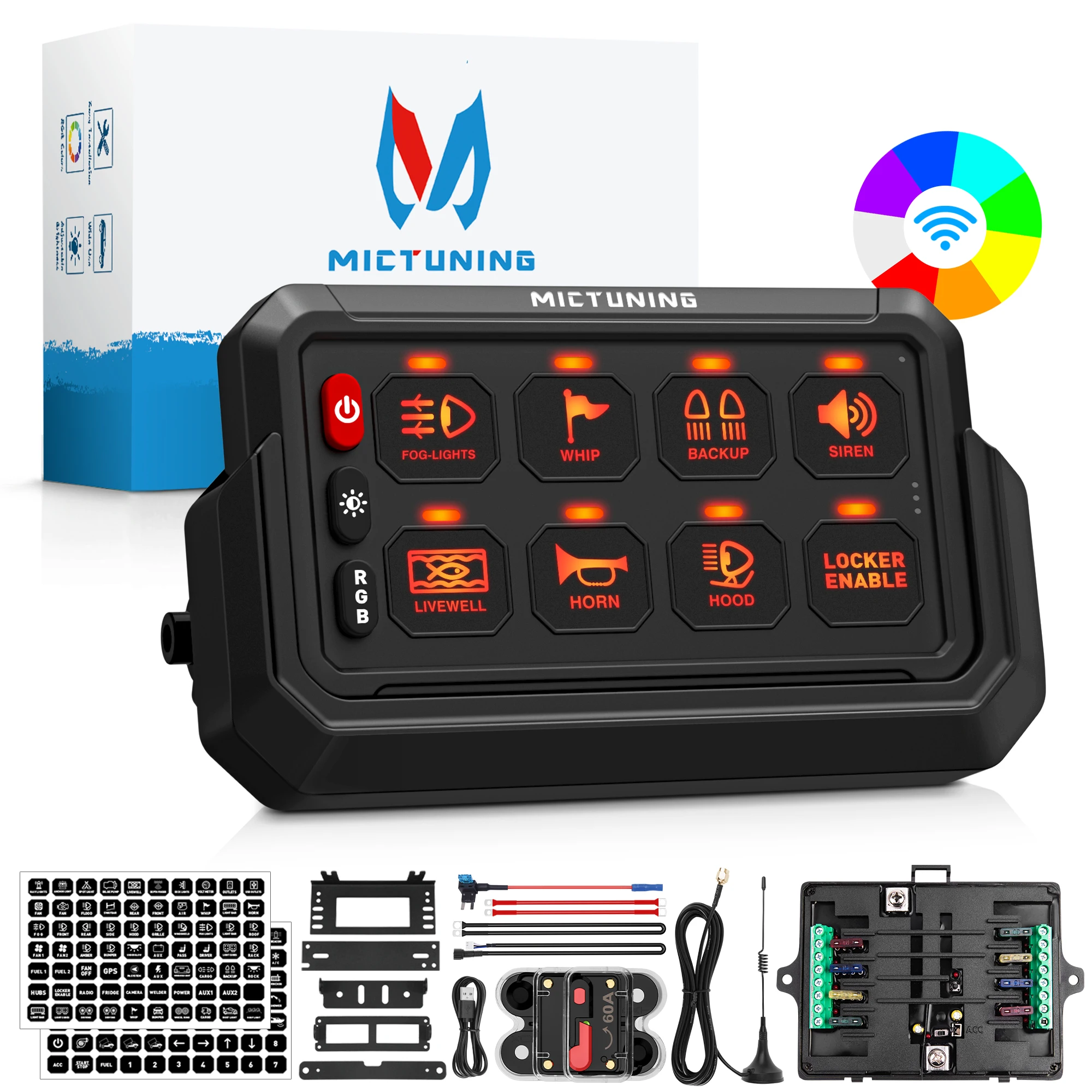 

MICTUNING 8/12 Gang Switch Panel, Wireless Cordless, Adjustable RGB Colors Brightness, Multifunction Toggle Momentary Strobe