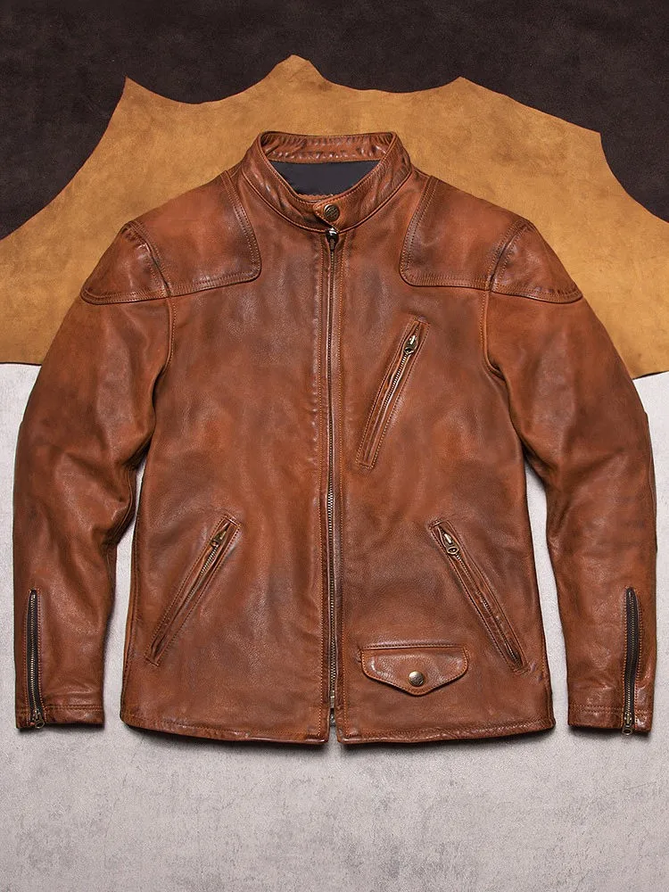 American Style Vintage Mens Genuine Leather Jacket Stand Collar Zipper Slim Fit Streetwear Casual Real Cowhide Motorcycle Coat
