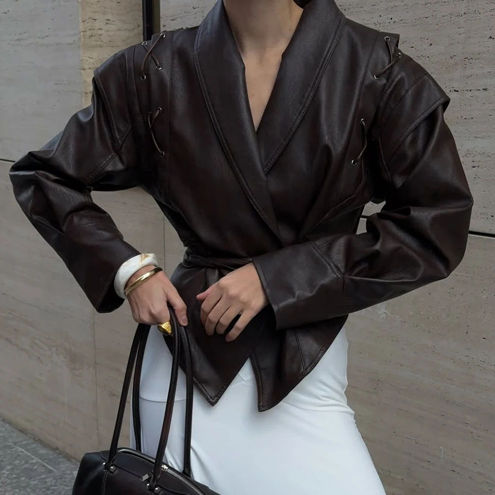 Talenza femmes en cuir Bomber vestes manteaux avec ceinture cranté épaulettes moto rue Chic vêtements d'extérieur mode solide à lacets