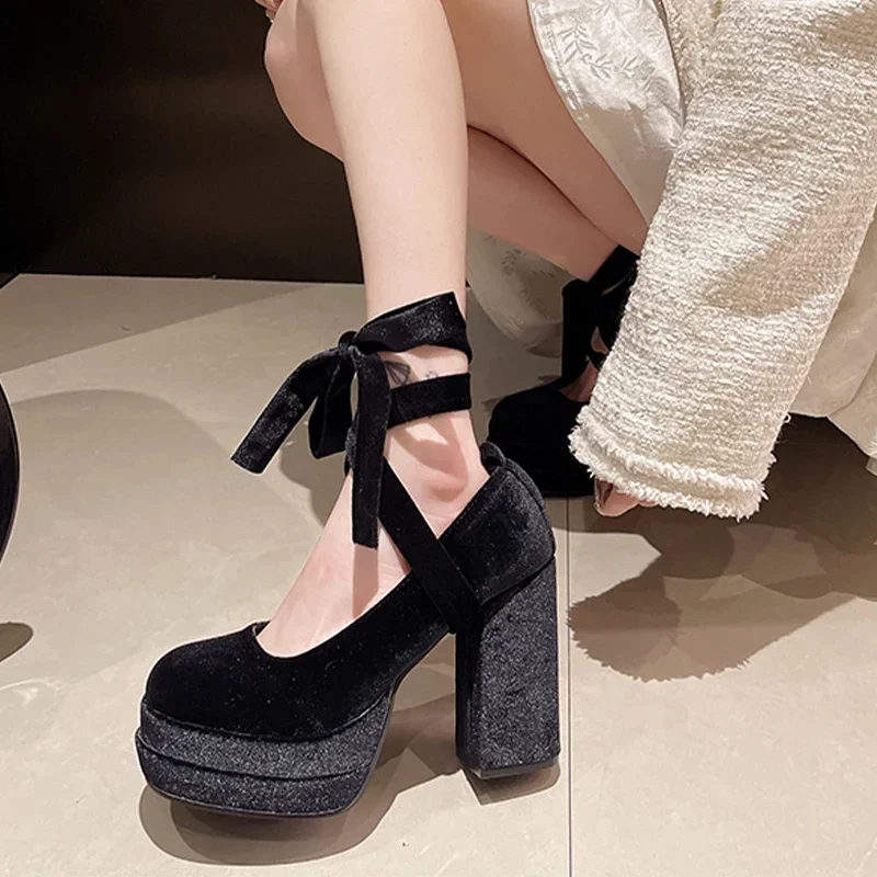 Suede Super High Heels Mary Jane Women Shoes Lolita Dress Sandals Chunky Shoes 2024 Summer Designer Pumps Zapatillas De Mujer