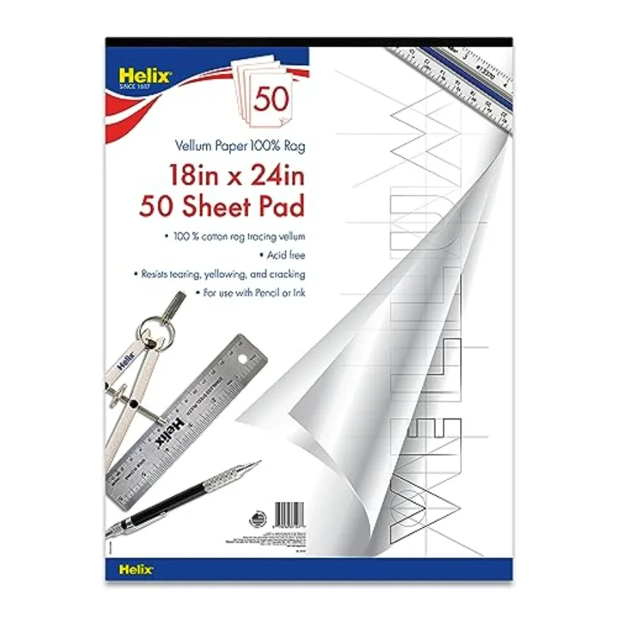 

- Helix 100% Rag Vellum Paper Pad 18x24 - Tracing Architectural Designs - 100% Rag Durability - Tear-resistant and Acid-Free -