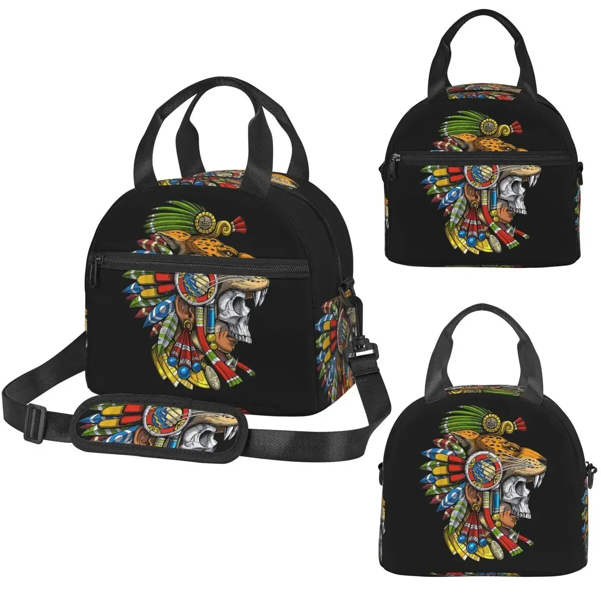 Máscara de guerrero jaguar con calavera azteca, mitología maya, máscara azteca, bolsa térmica para el almuerzo para niños, lonchera térmica escolar