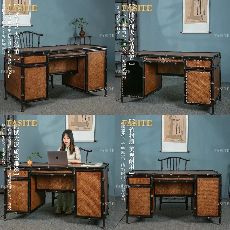 New Chinese Style Lacquered Bamboo Woven Desk Computer Office Tea Table Durable Natural Material Home Decor