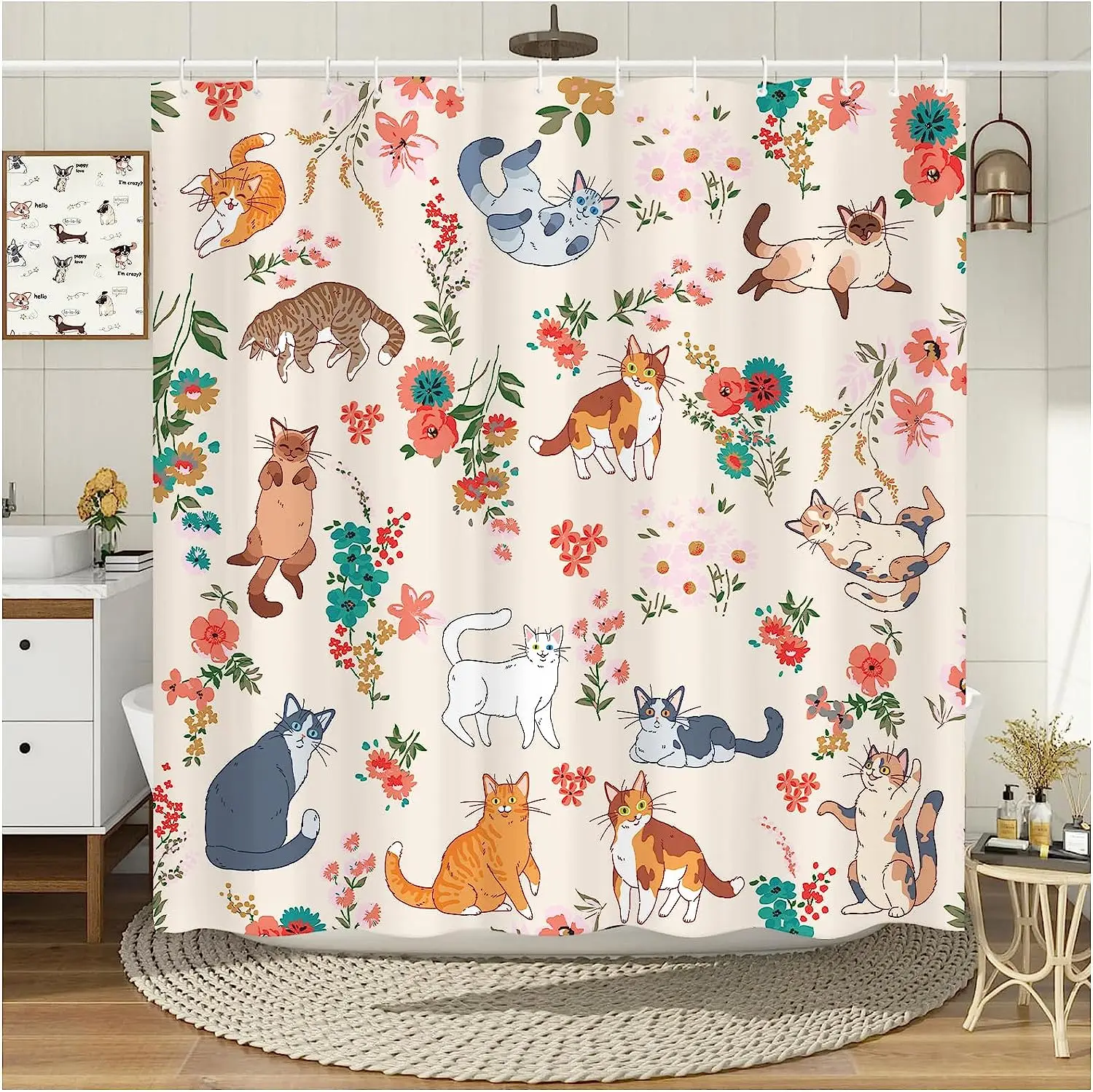 Funny Cat Shower Curtains Watercolour Flowers Plant Animals Black Bath Curtain Waterproof Fabric Bathroom Decoration with Hooks