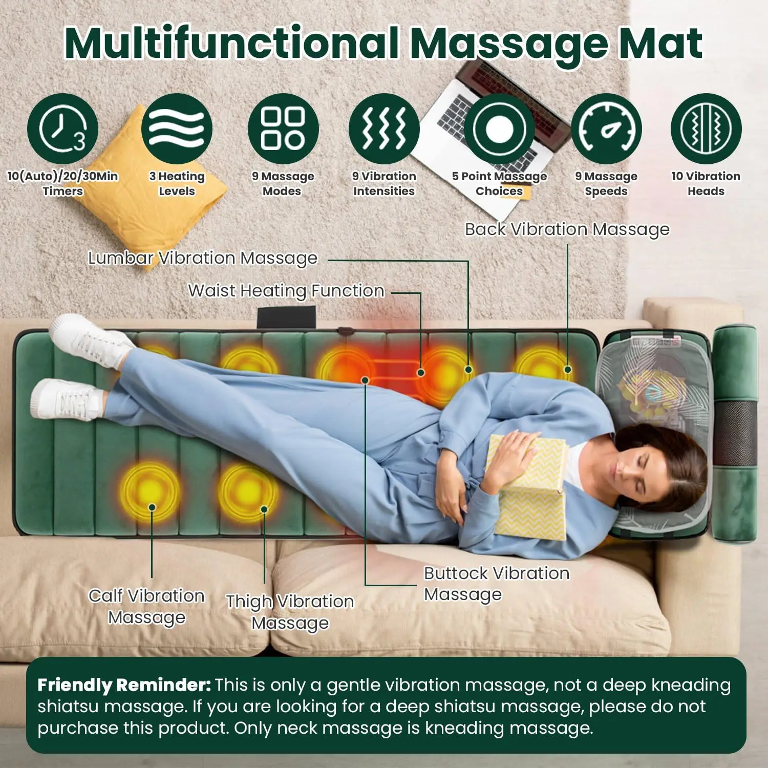 Full Body Heat Vibration Massage Mat Neck Back Foot
