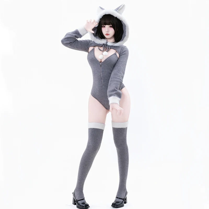 

SENMHS Original Anime Gray Fox Cosplay Costume Sexy Bodysuit Hooded Top Socks Kawaii Bunny-Style Plush Loungewear Jumpsuit new