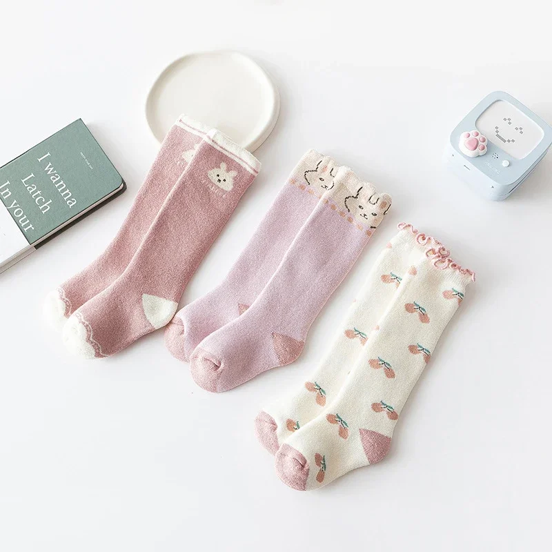 Baby Girl Stockings Cute Rabbit Cherry Print Infant Knee High Socks Winter Thick Warm Terry Sock Kids Boy Cartoon Long Socks