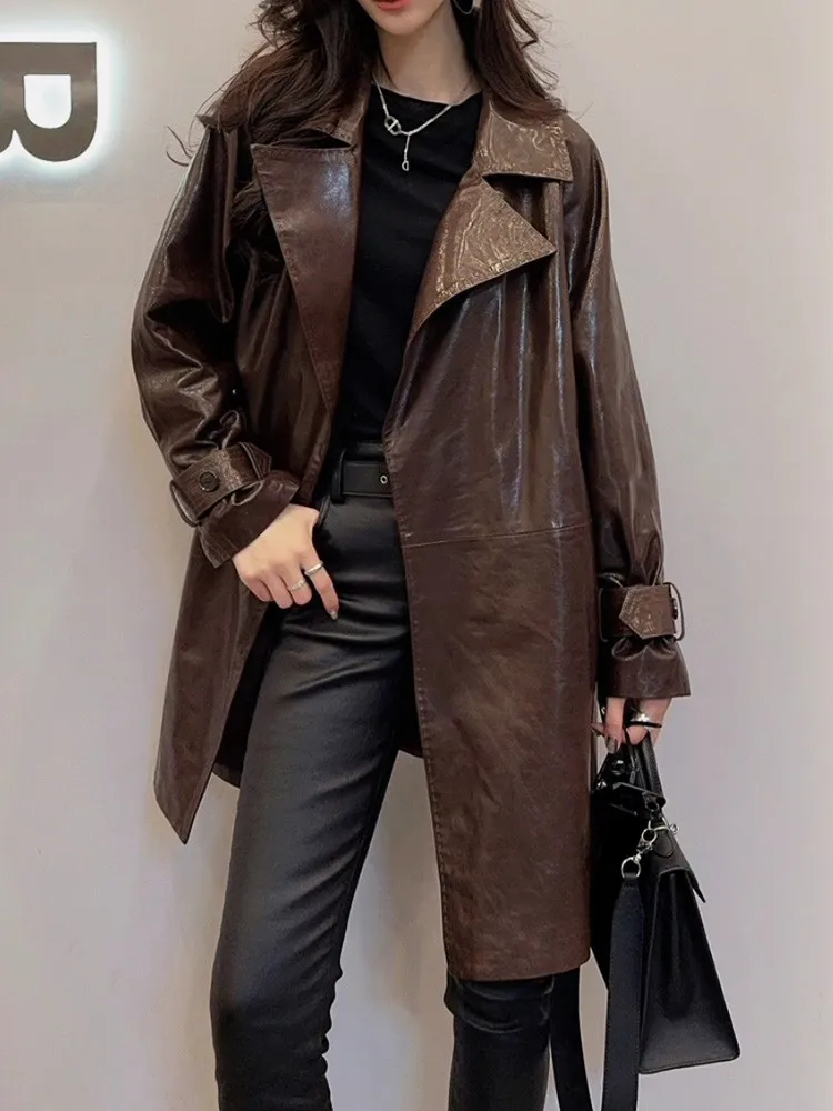 Cappotto da giacca in vera pelle di lusso da donna chic in stile coreano Cappotto da giacca a vento con colletto dentellato medio lungo Capispalla in vera pelle di pecora