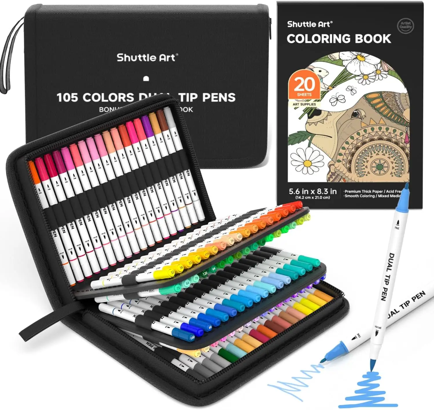 

105 Colors Dual Tip Brush Markers, Fine & Brush Pens in Portable Case with Coloring Book, Water-Based Ink for Adults Kids Art