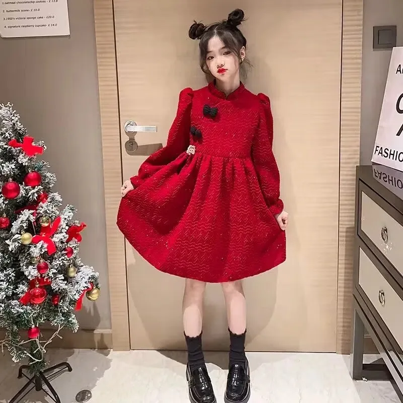 2024 autumn winter Kids Girls solid retro red Cheongsam Qipao Princess Teens New Year Dresses wool velvet Clothes 8 10 12 year