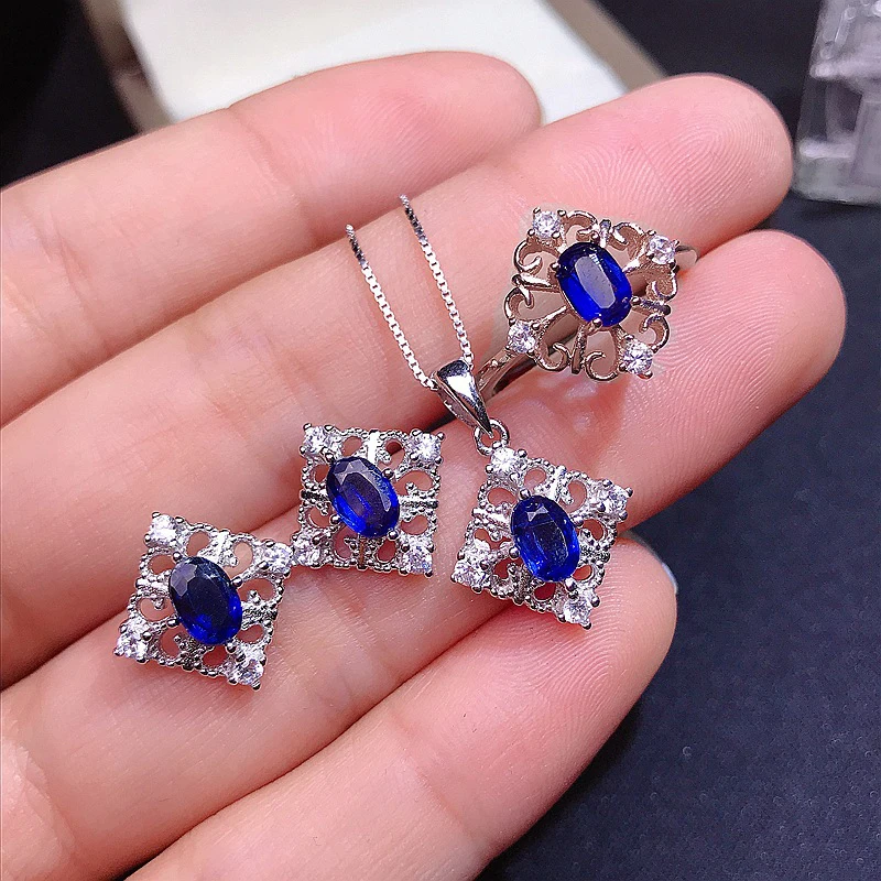 MeiBaPJ 4mm*6mm Natural Sapphire Fashion Jewelry Set Pendant Earrings Ring 3-pieces Suit Fine Wedding Jewelry for Women