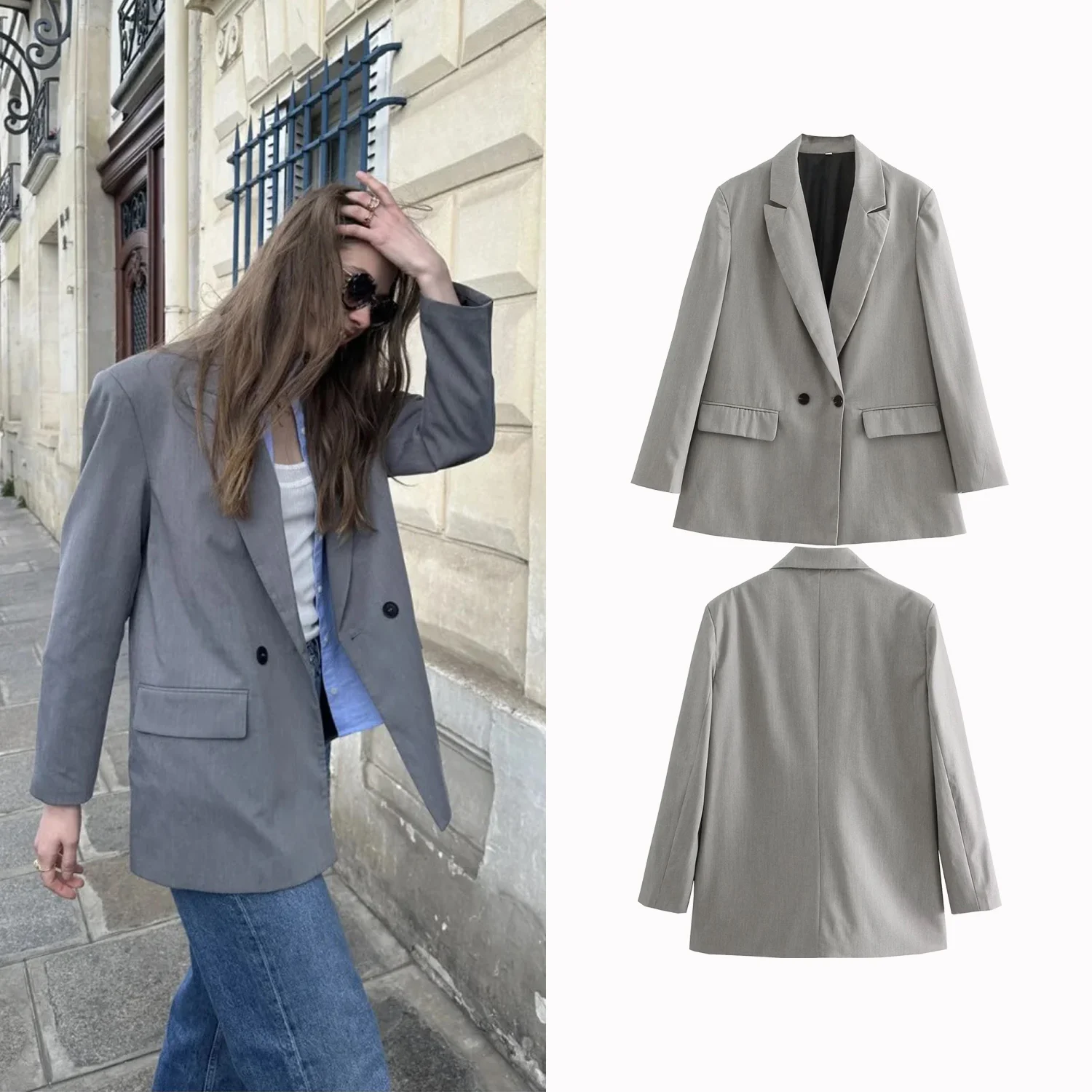 

Autumn New Women Blazer Jacket Solid Color Casual Simple Commuting Double-Breasted Suit Collar Long Sleeve Loose Lady'S Blazer