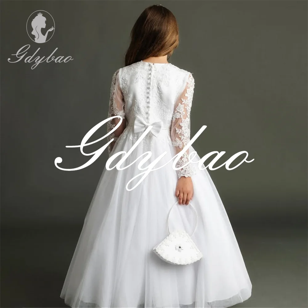 فستان فتاة الزهور الكلاسيكي مزين بالدانتيل بأكمام طويلة وطيات على شكل حرف A من التل فستان رسمي أنيق للمناولة الأولى جديد مخصص 2025