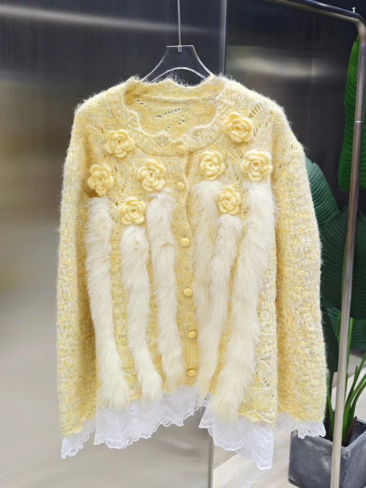 2025秋冬 レディース フォックスファーコート セーター 天然フォックスファーストリップ縫い付け ターコイズセーター アウター ホットセール