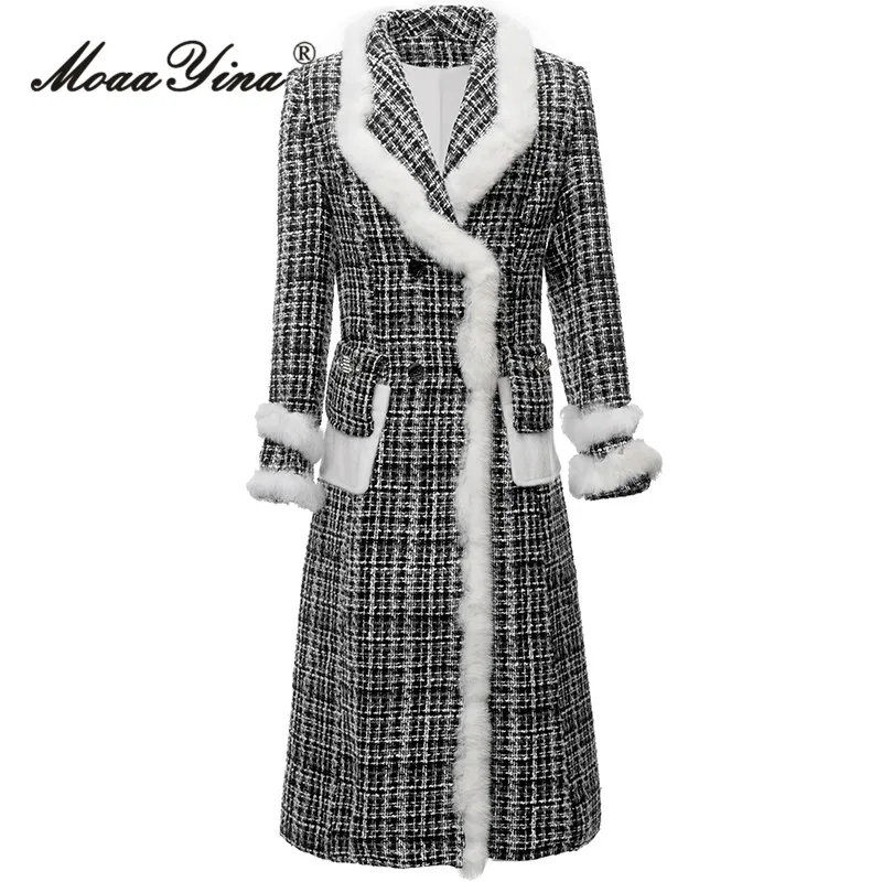 

MoaaYina Winter Fashion Designer Black Vintage Blends Coat Women's Lapel Long Sleeve Button Diamond Pocket Slim Long Blends Coat