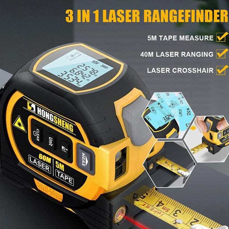 

3 in 1 Laser Distance Meter Rangefinder 40m/60m Laser Measure Tape High Precision LCD Backlit Rangefinder Steel Tape Measure