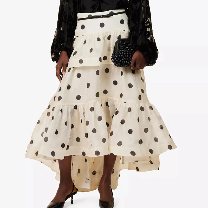 

Polka Dot Printed High Waist Women's Long Skirt Casual Ruffle Edge Design Hem Half Skirt New Fashion Party Irregular Cake Skirt