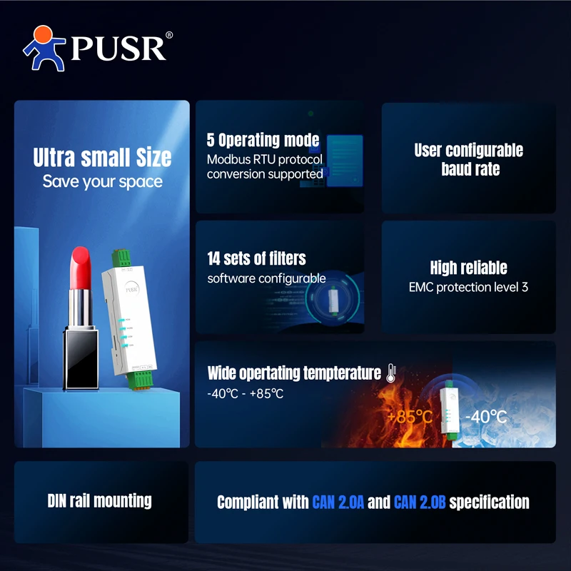Picture 6: PUSR RS485 RS232 Ethernet to CAN Converter CANBus to Serial Data Filtering Multiple Modes Industrial Design USR-CAN114/112/115