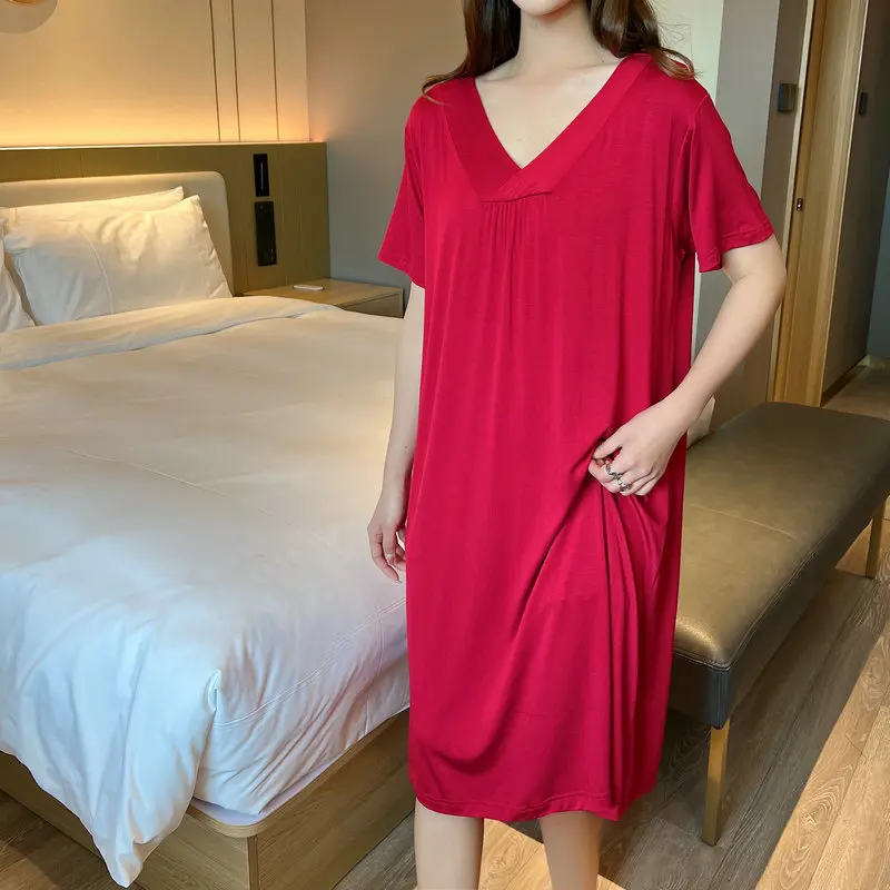 Summer women V-Neck dress Short sleeves Modal Bottoming dresses solid color Plus size sleepdress Loose and comfort nightdress