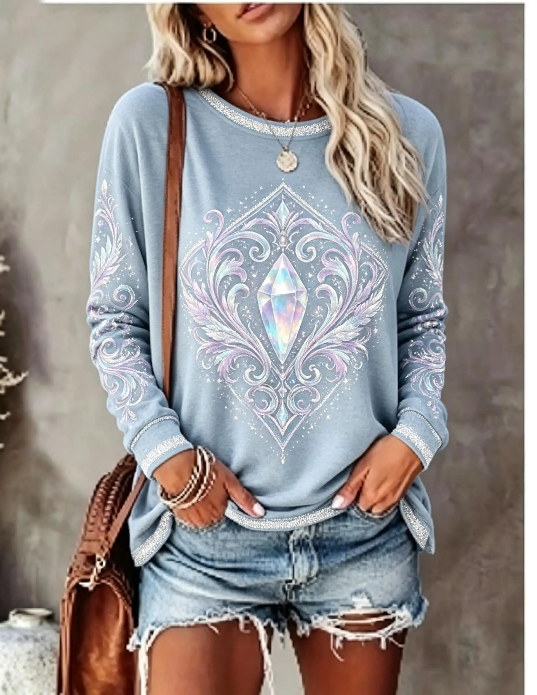 Women Crew Neck Long Sleeve Tops, Boho Crystal Geometric Print Casual Loose T‑Shirt
