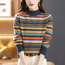 Women's Autumn Winter Half High Neck Long Sleeve Thick Sweater Fashion Versatile Slim Pullover Elegant Stripe Commuter Lady Tops