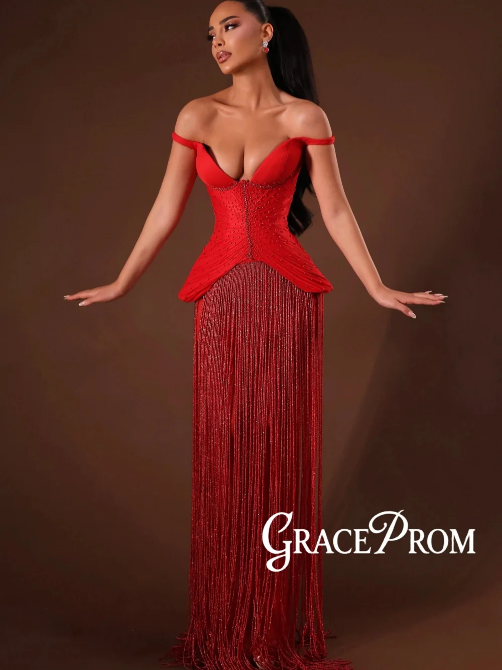

Red Stylish Beaded Tassel Evening Dress Glamorous Vneck Off Shoulder Wedding Party Gown Customized Gorgeous Red Carpet Gowns