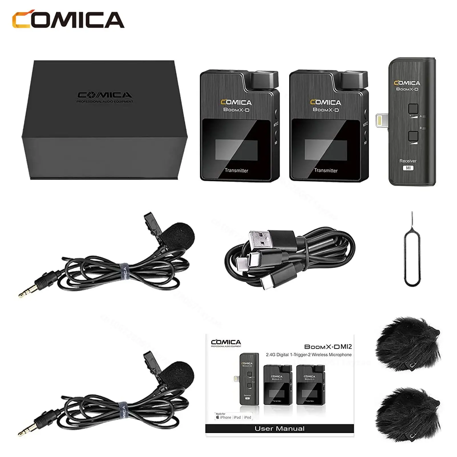 Comica BoomX-D MI2 Wireless Microphone Lapel Condenser Microphone Lavalier Mic Lightning Port Mic for iPhone iPad Mac Audio PC