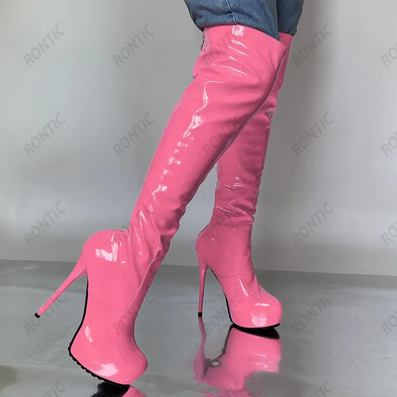 Rontic Handmade Women Winter Platform Knee Boots Back Zipper Patent Stiletto Heels Round Toe Black Cosplay Shoes US Size 5-20