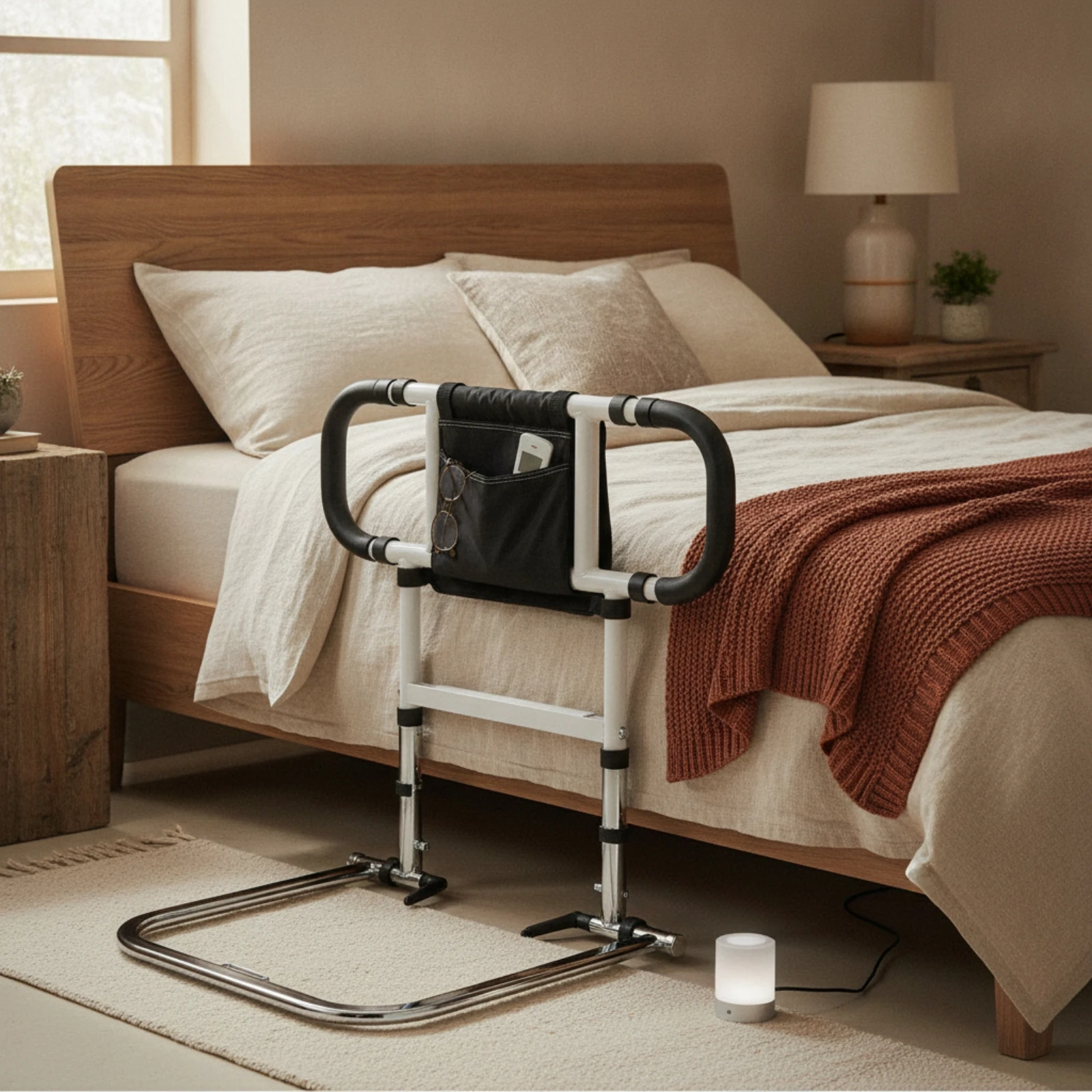 Bed Rail with Storage Pocket Slim-Profile Bed Assist Rail with Pocket Motion-Sensing Sturdy for Elderly, Home Care, Bedroom
