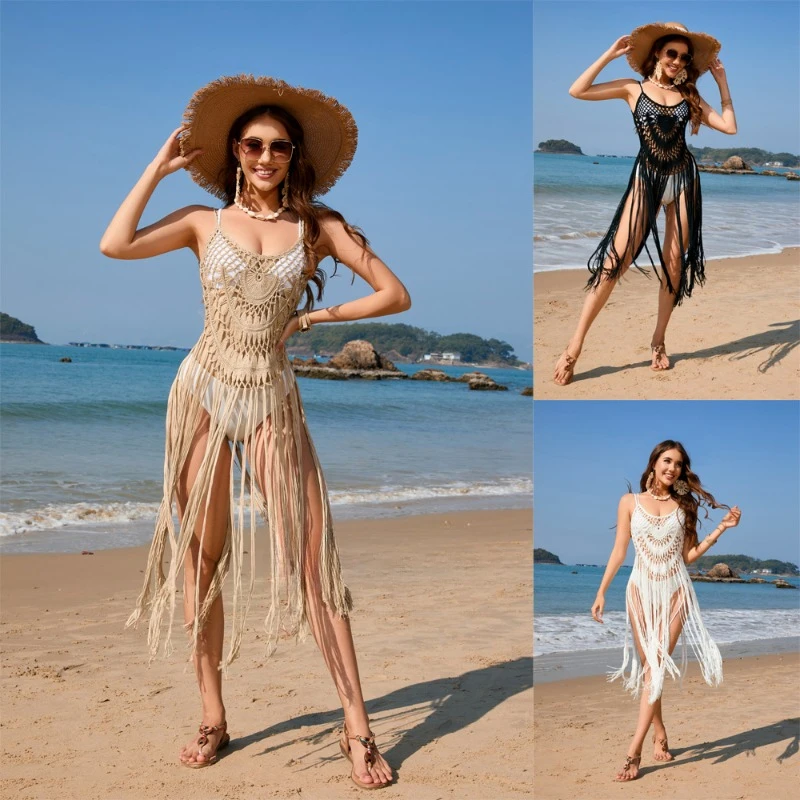 2024 Spring/Summer New Sling Style Sexy Beach Cover Up Solid Color Hand Hook Women's Knitting