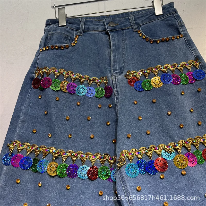 

Fashionable Spring Autumn Women Jeans Luxury Diamonds Beads Sequins Loose Wide Leg Pants Streetwear High Waist Denim Trousers