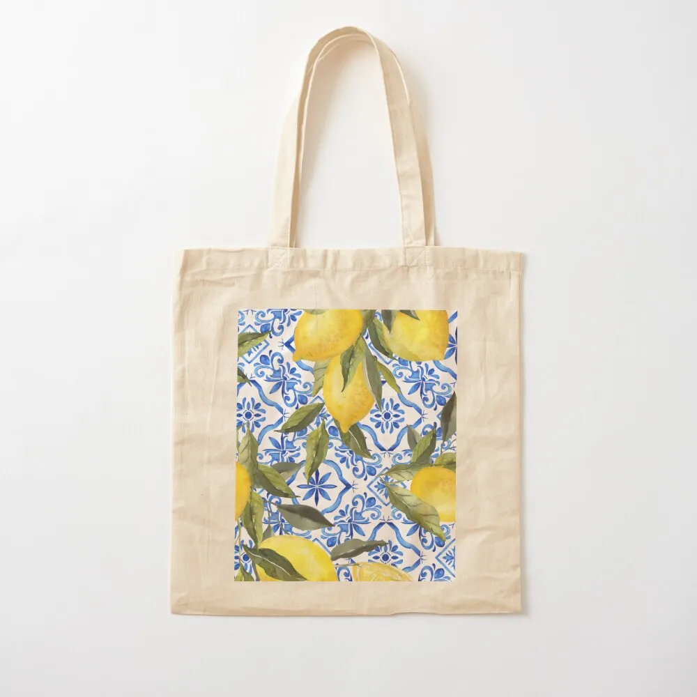 حقيبة حمل الليمون على البلاط الأزرق، حقيبة أكياس قابلة لإعادة الاستخدام للشاطئ، حقيبة قماش قابلة للطي وقابلة لإعادة الاستخدام