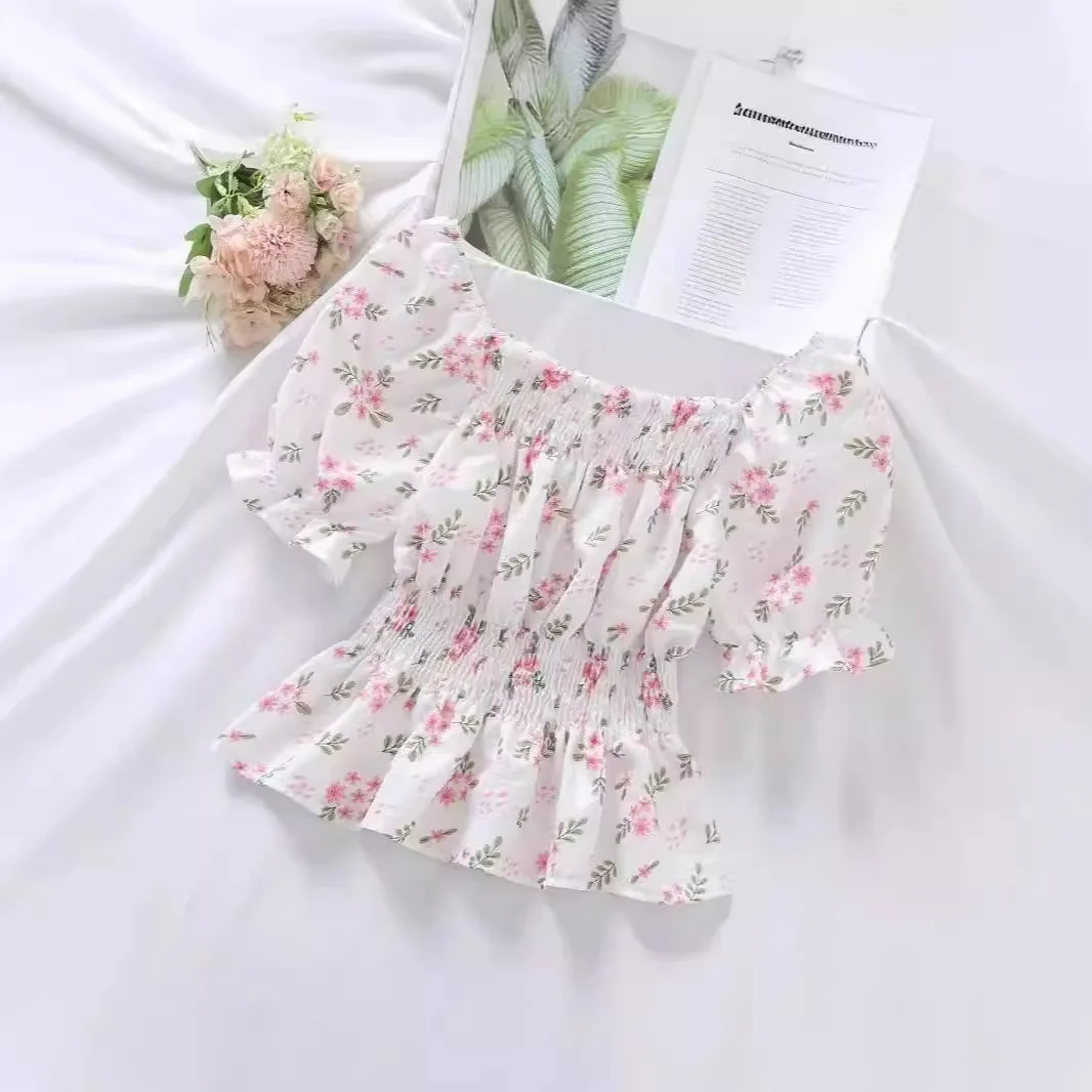 

Sweet Broken Flower Slash Neck Women Blouse Agaric Edge Pleat Design Slim Elastic Waist Cropped Top Cute Chiffon T-shirt Summer