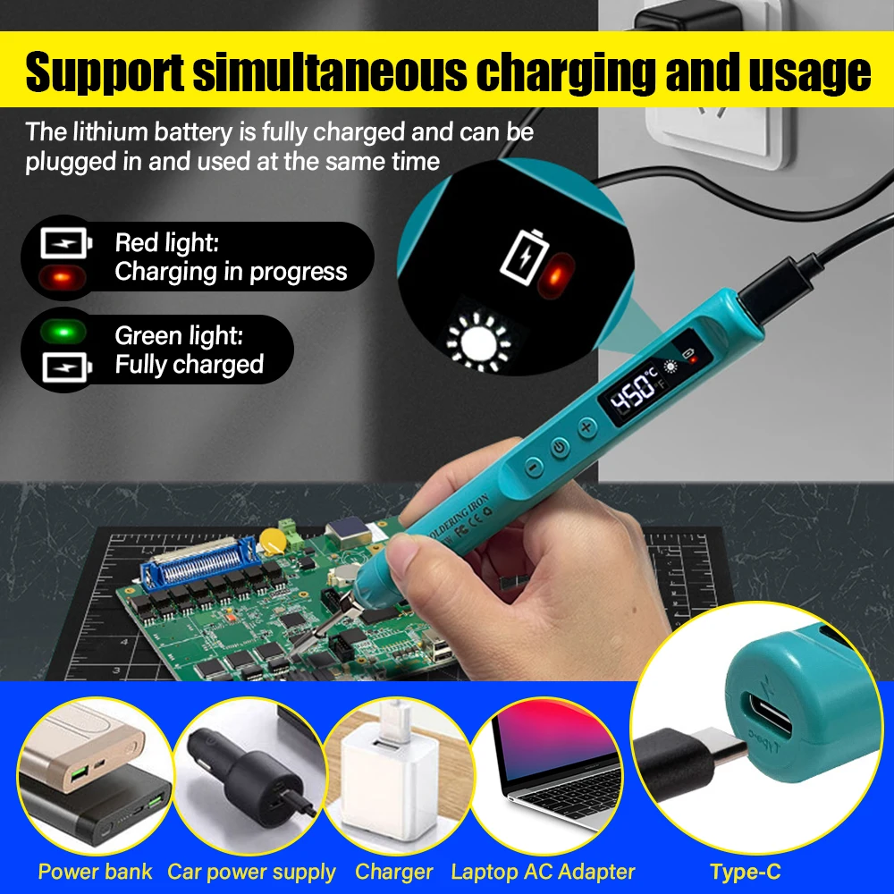 Portable Soldering Iron Set, USB Digital Display Soldering Iron Type C, 5 Temperature Levels 260-420℃ Electric Welding Tool