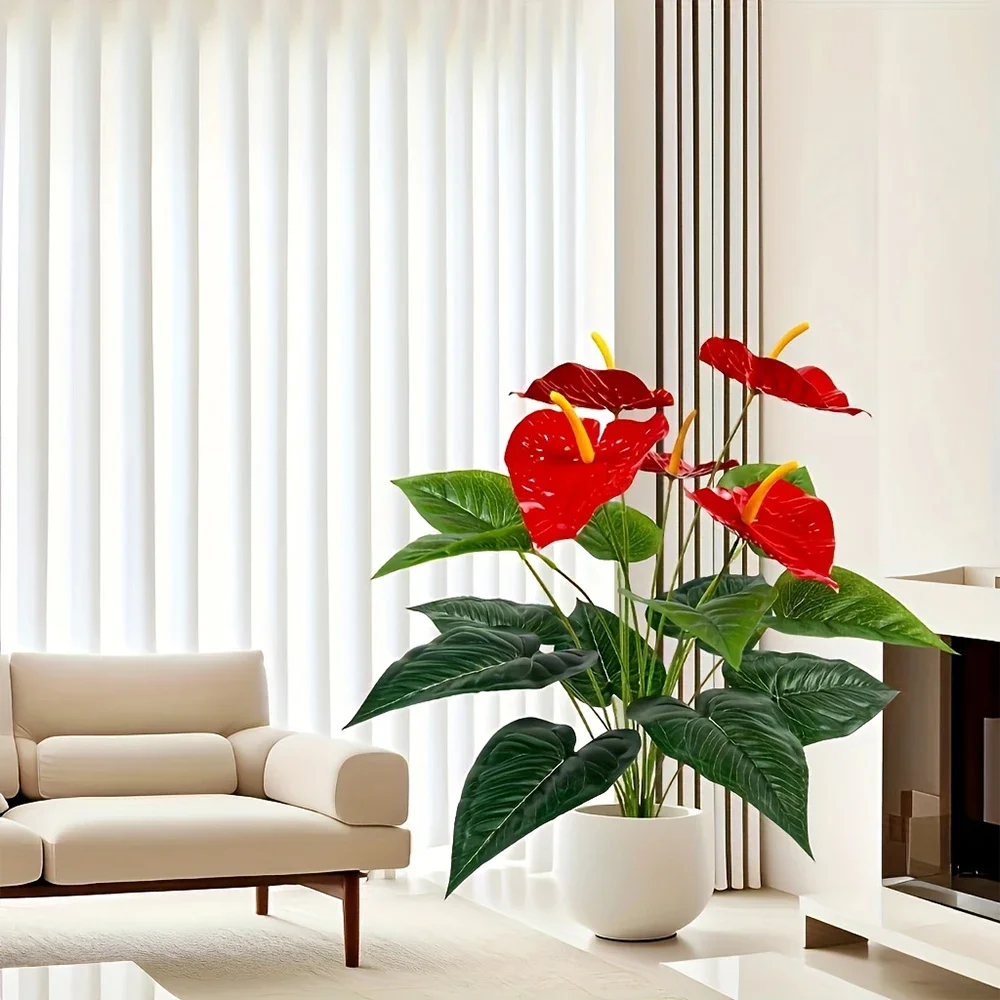 12-köpfige rote Palmen-Kunstblumen, Flamingo-Blume mit üppigen grünen Blättern, künstliche Pflanzen für Zimmer, Haus, Garten, Außendekoration – Detail 1