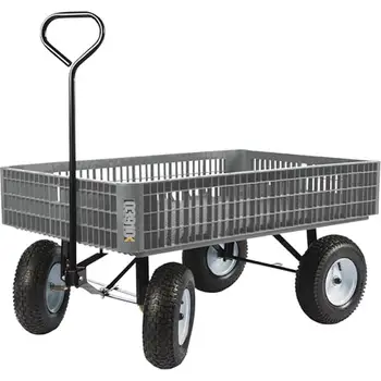 Wagon de jardin en polyéthylène avec coins arrondis, capacité de 800lb, taille de pont 46x30 po, piste large, roues en acier, 1 étagère, extérieur