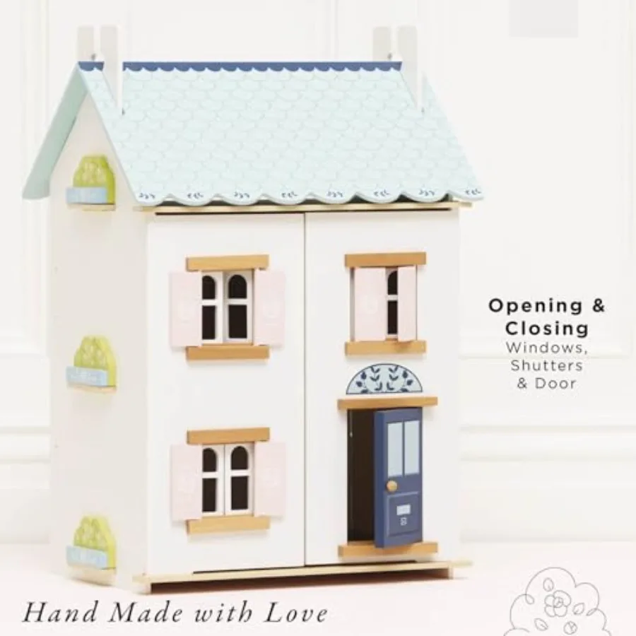 Casa de boneca de madeira |   Conjunto de brincar para casa de bonecas de madeira de 3 andares para meninas e meninos – adequado para maiores de 3 anos