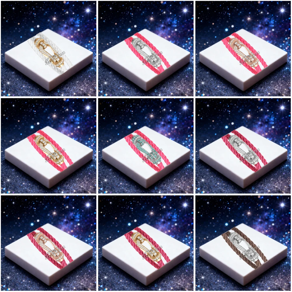 

KUXM New 925 Silver Double Row Zircon Large Horseshoe pink Nylon Bracelet female Daily Wear Party Gifts Luxurious Couple Jewelry