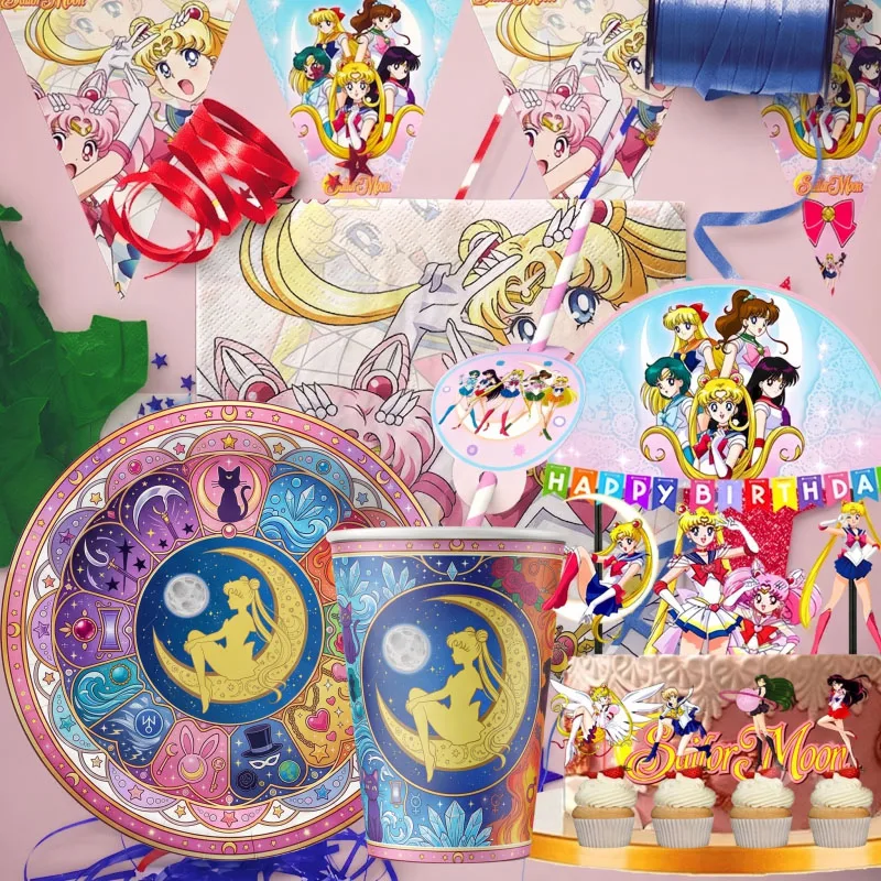 Image of Sailor Moon Partyzubehör, Geschirrset, Tassen, Teller, Servietten für Geburtstagsparty-Dekoration, Jungen und Mädchen, Babyparty