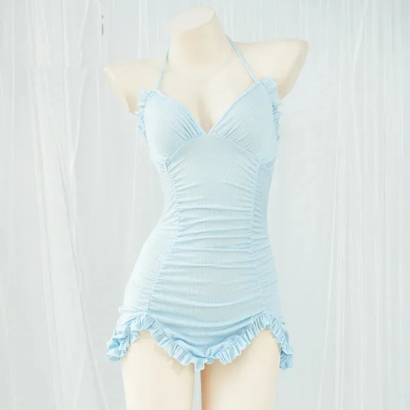 AniLV Beach Pure Girl Student Halter Dress Swimsuit Unifrom Women Macaron Bule Nightdress Pajamas Outfits Costumes Cosplay