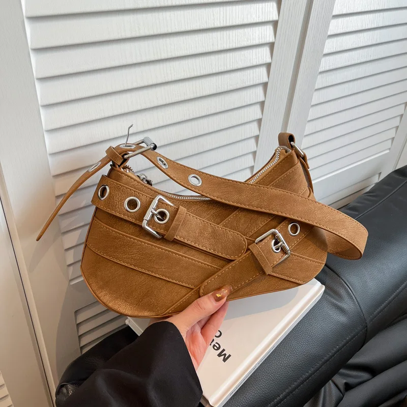 

Vintage Shoulder Bag Y2K Belt Design PU Leather Underarm Bags Trendy Hot Cool Girl Baguette Bag Punk Style Handbag