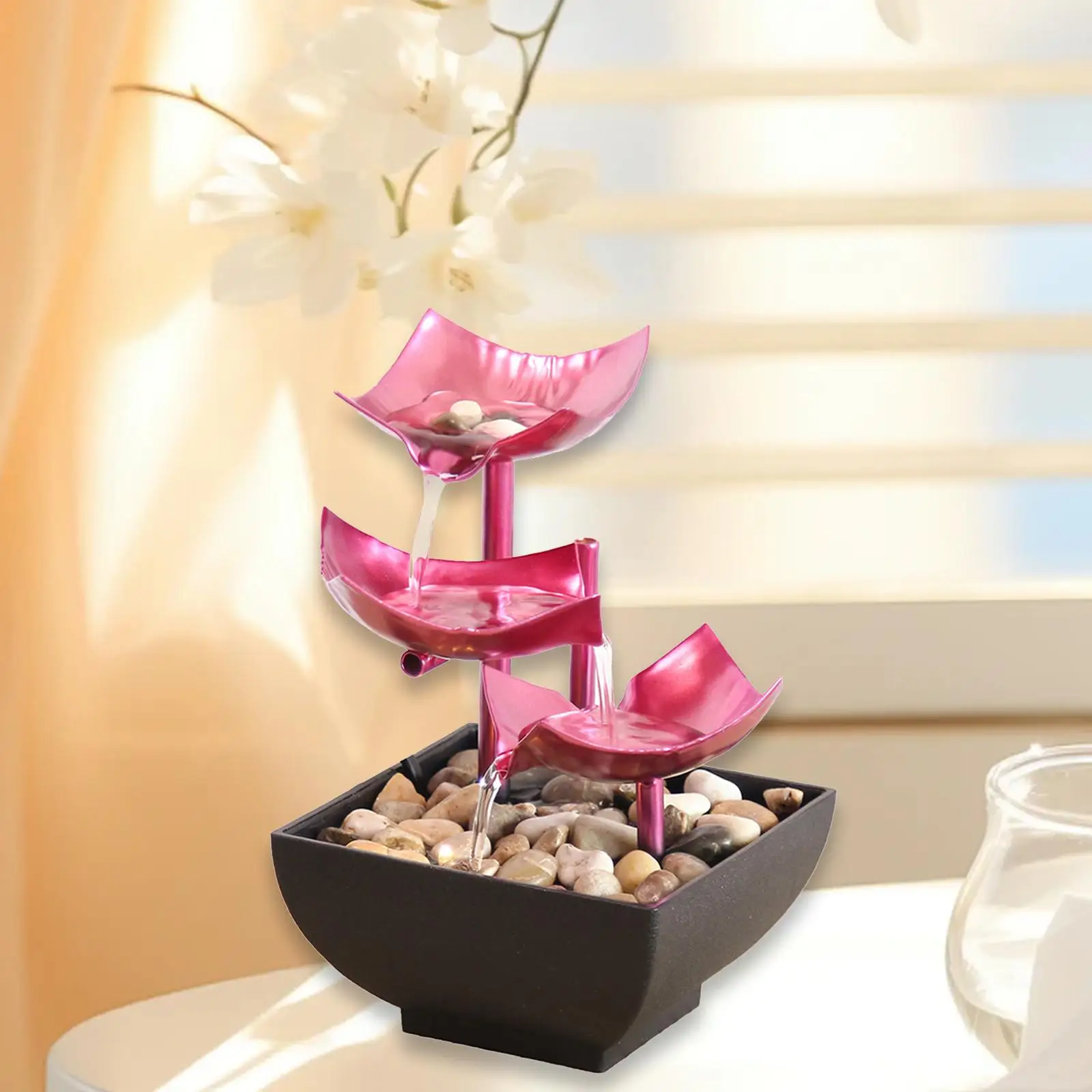 

3 Tier EU Adapter with Pebbles Indoor Waterfall Fountain Indoor Tabletop Fountain for Housewarming Gift Living Room Bedroom