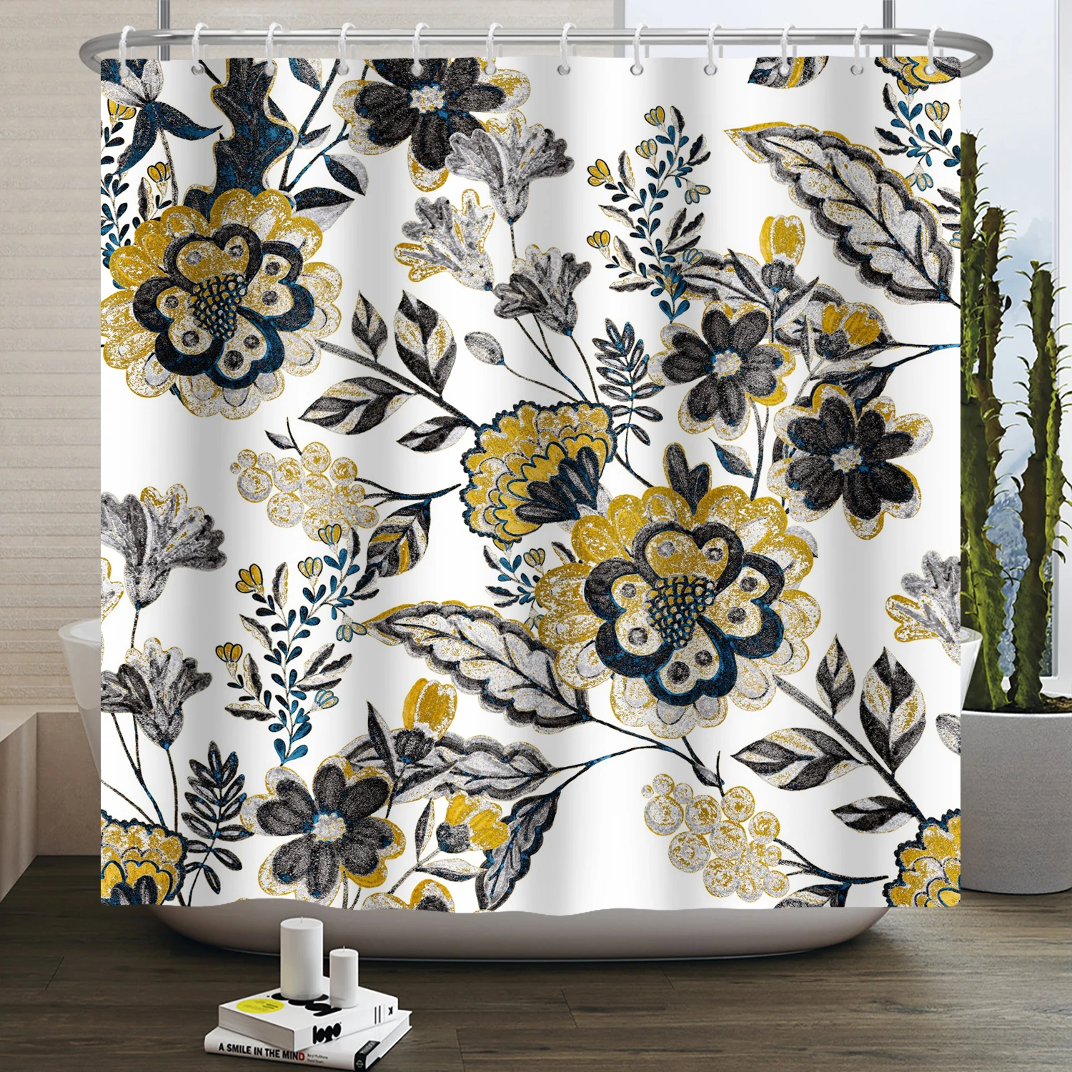 Boho Floral Shower Curtain Flower Tropical Leaves Bathroom Curtain Polyester Fabric Waterproof Bathtub Screen with Hooks 180x200