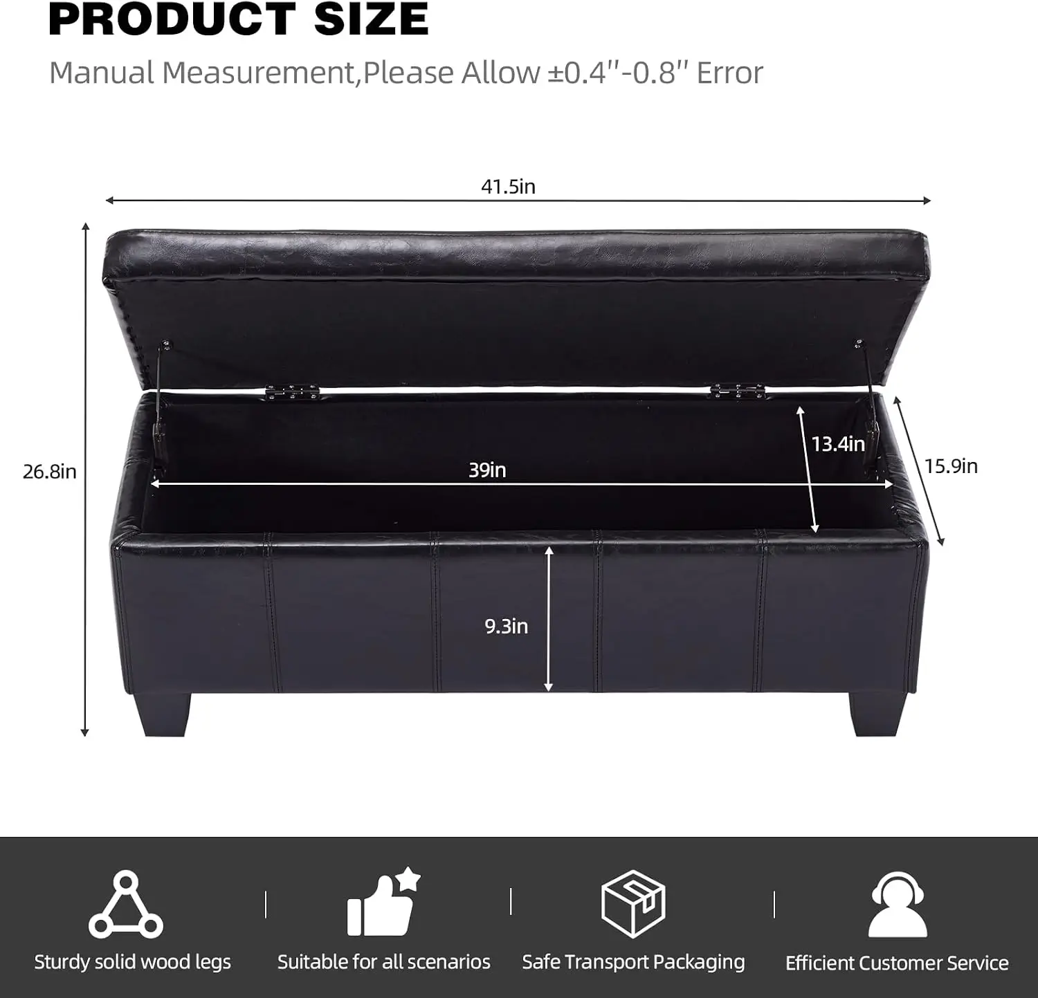 Storage Ottoman Bench Faux Leather Black Slow Close Hinge